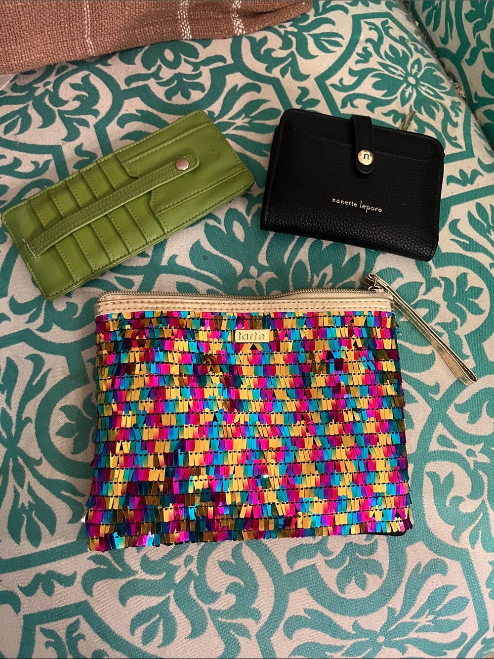 3 for 1 TARTE sequin pouch with gold trim Nanette Lepore Wallet + card holder